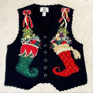 🎄Festive Holiday Ugly Christmas Sweater Granny Vest Embellished Bells